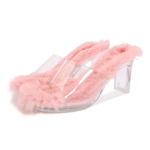 Plush Faux Fur Insole PVC Transparent Open Toe Slides 8cm High Block Heels