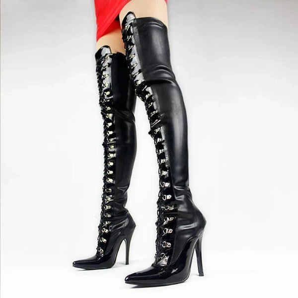 12M High Heel Pointed toe Latex Material Over-The-Knee Cross-tied Women's Thigh Long Boots