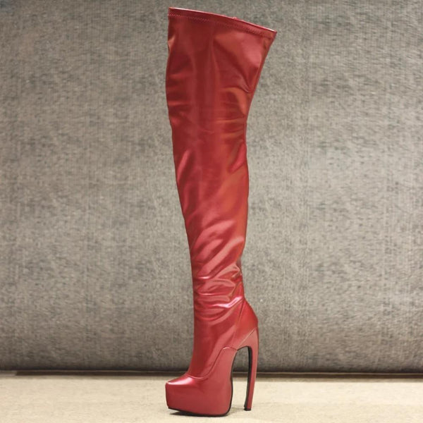 18CM Super High Curved Heel Platoform Stretch PU Leather Sexy Thigh Long Boots