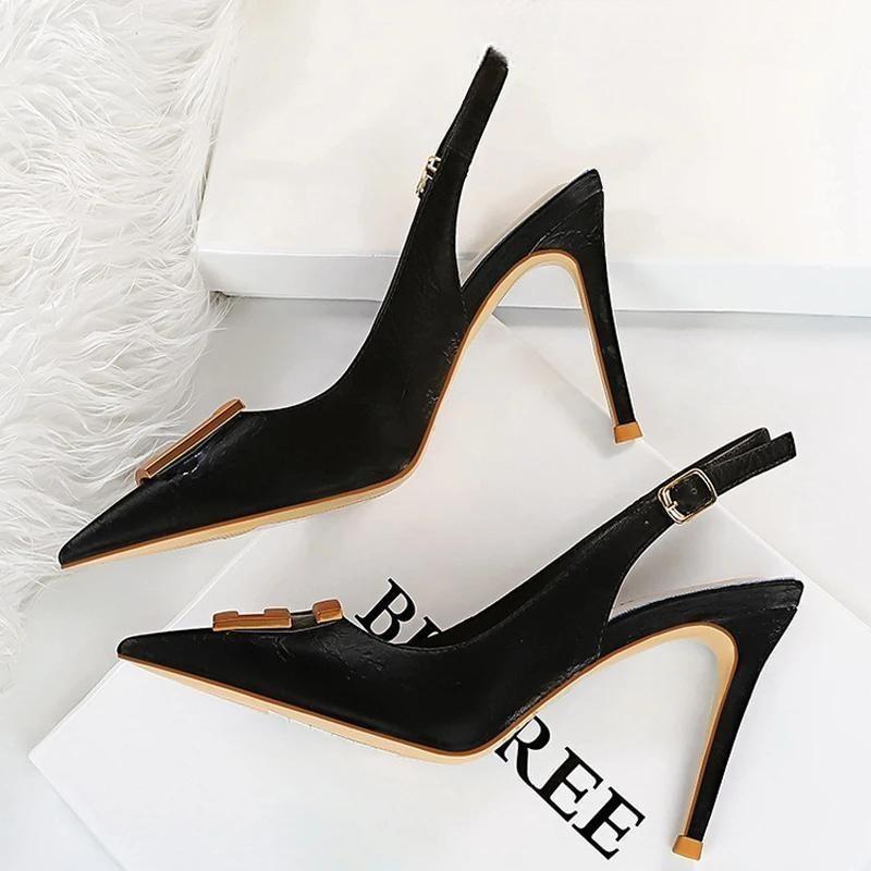 Pointed Toe Women Pumps Metal Square Buckle High Heels Stiletto Sexy Party Shoes