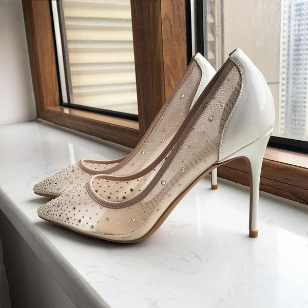 Summer Women White Gauze Mesh Pointy Toe High Heel Wedding Shoes