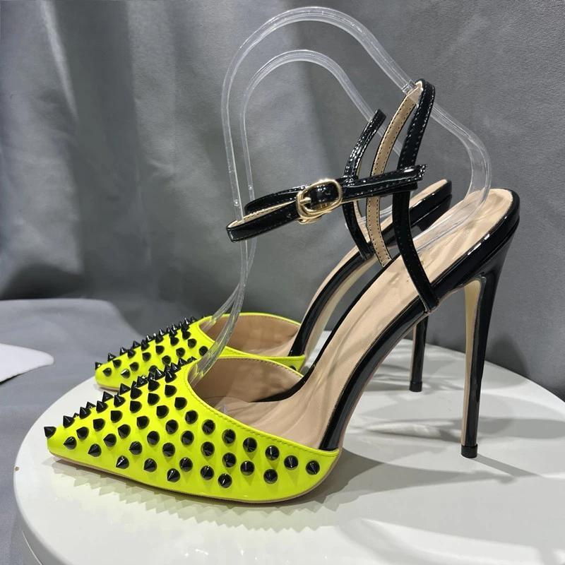 Black Spikes Lemon Green Women Sexy Ankle Strap Slingbacks High Heel Shoes