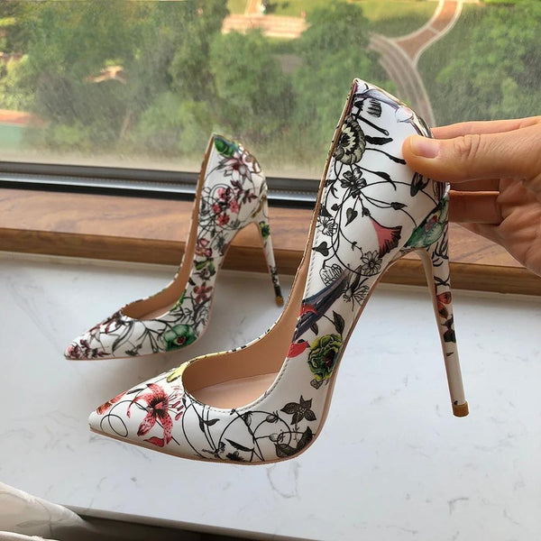 Flower Printed Women White Patent Pointy Toe High Heel Wedding Party Dress Shoes