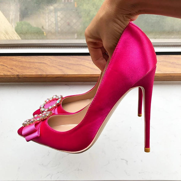 Fuchisia Pink Satin Women Pointy Toe HIgh Heel Shoes