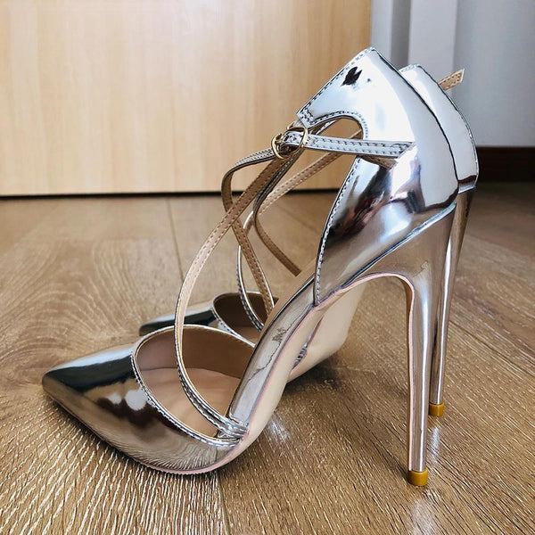 Shiny Silver Women Cross Ankle Strap Stiletto Pumps Pointed Toe Sparkly Stiletto High Heels