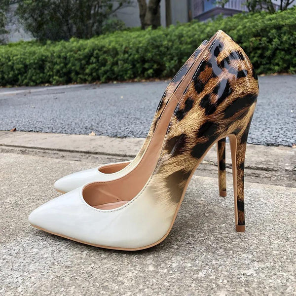 Women Gradient Leopard Print Patent Pumps Slip On Pointy Toe Stilettos