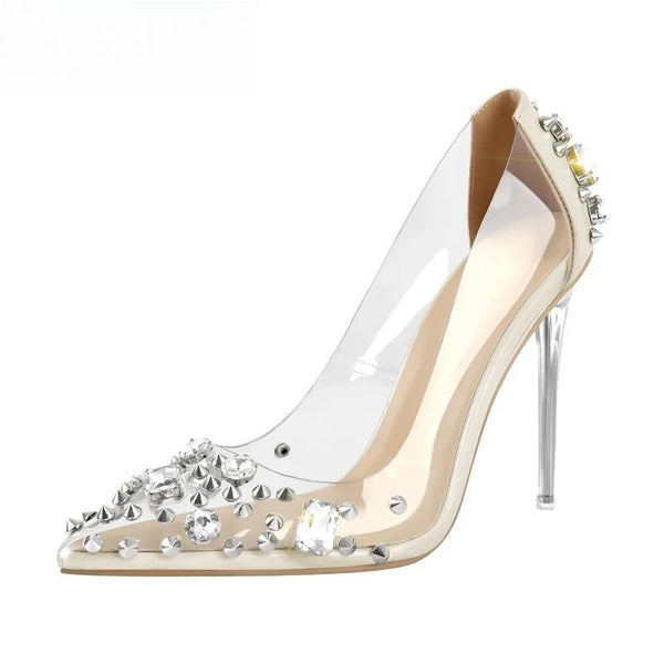 Women Pointed Toe PVC Pumps Rhinestone  Large Size Slip On Stiletto Heels