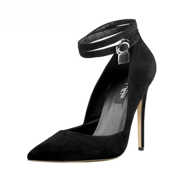 Women 12CM Pointed Toe Black Double Ankle Strap With Lock High Heel Flock  Pumps