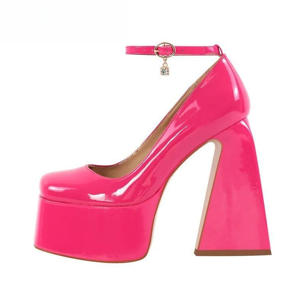 Women  Chunky Platform Pink Mary Jane Pumps Ankle Strap Triangle Heel Sandals