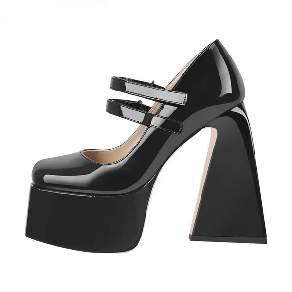 Women Pumps Mary-Jane Platform Black Patent Leather Chunky High Heels