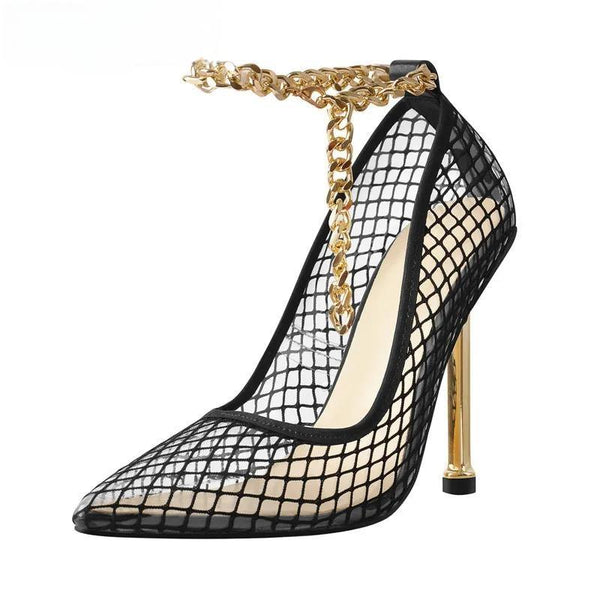 Women's Pointed Toe Black Fishnet Ankle Thin Metal Chain Pumps