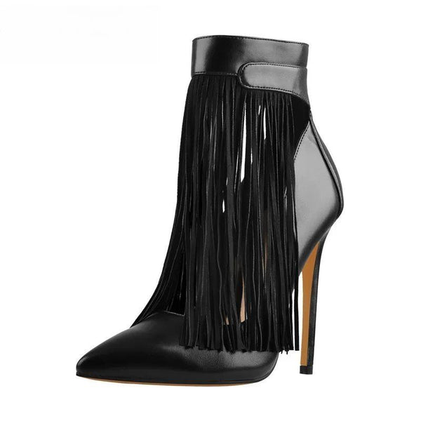 Women Fringe Pointed Toe Stiletto 12CM Heel Pumps Black Ankle Strap Back Zipper Shoes