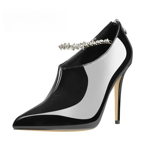 Women Pointed Toe Rhinestone Chain Black Patent Leather Thin High Heel