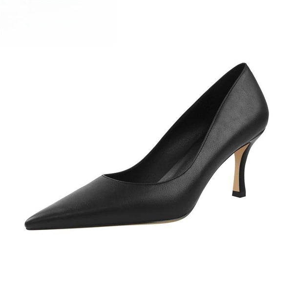 Women Pointed Toe Office Lady Slip on Thin High Heels Black Matte PU Pumps