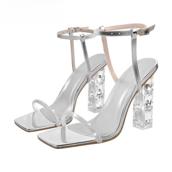 Woman Sandals Rhinestone Ankle Strap Chunky High Heel Sandals