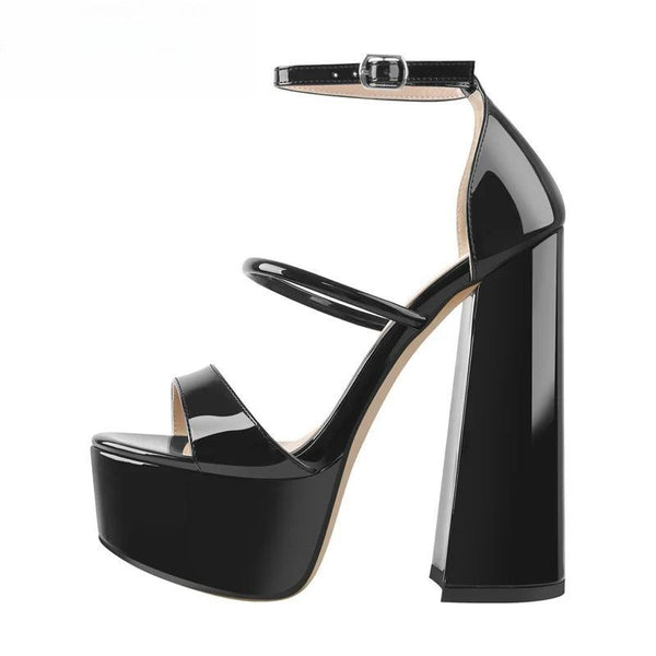 Women Black Peep Toe Platform Patent Leather Cross-tied  Sandals