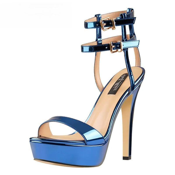 Women Blue Platform  Sandals Ankle Double Buckle Strap  Stiletto Thin High Heels