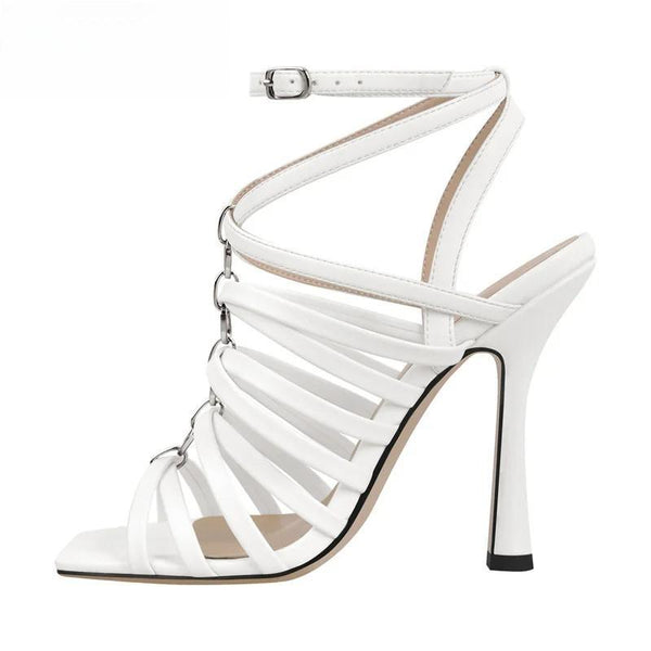 Women Square Toe Black White Sandals Ankle Strap Stilettos