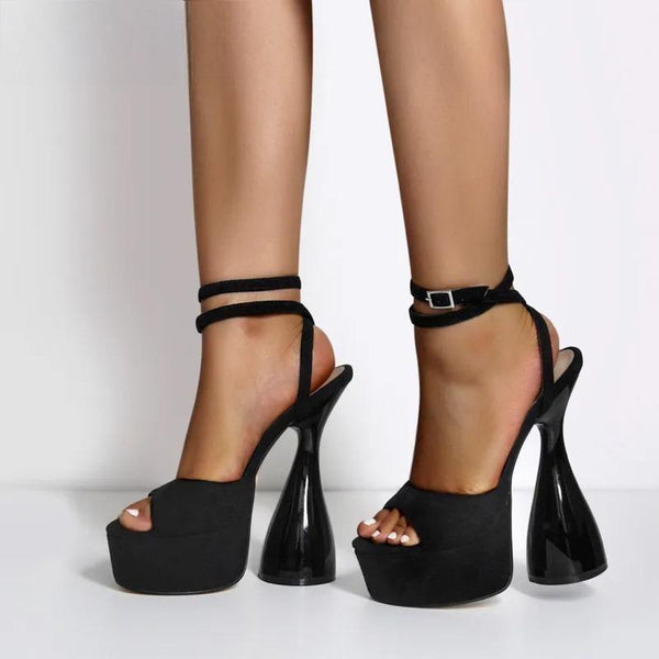 Women Peep Toe Sandals Black Flock Platform Ankle Strap High Heel Shoes