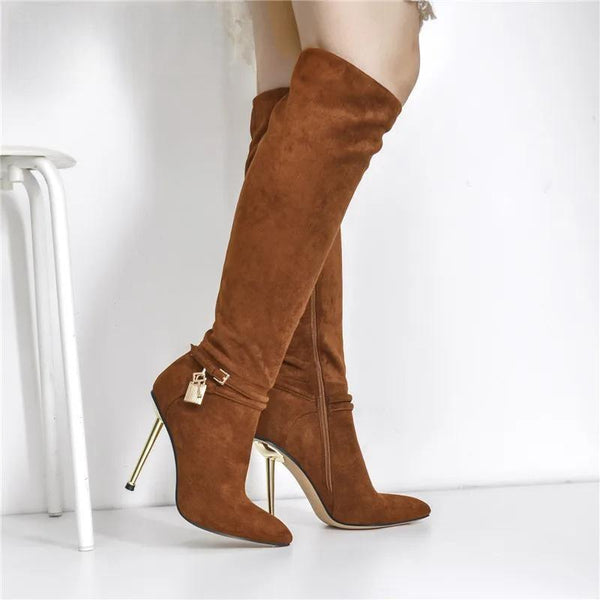 Women's Pointed Toe Brown Suede Lock Decoration Side Zip Knee High Boots