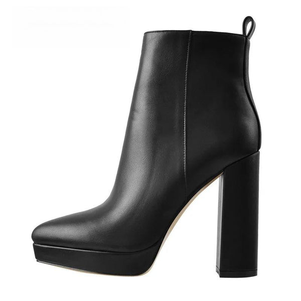 Women Ankle Boots Pointed Toe Black Matte Flock 12CM Chunky Heel Platform Booties