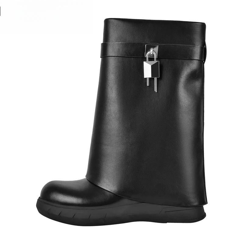 Black Matte Lock Shark Skirt Boots Thick High Heel Short Fold Woman Boots