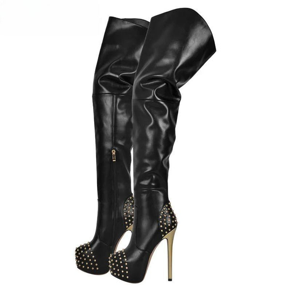 Platform Rivet Over The Knee Boots Thin High Heel Zipper  Thigh Lady  Boots