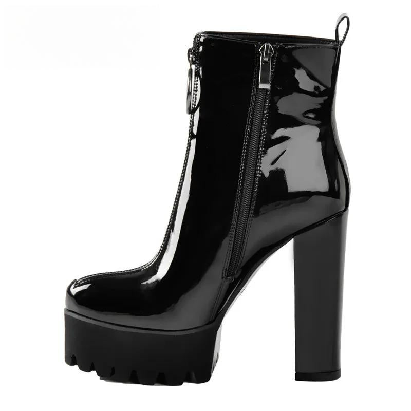 Patent Leather Ankle Boots Platform  Thick High Heel Zipper For Women