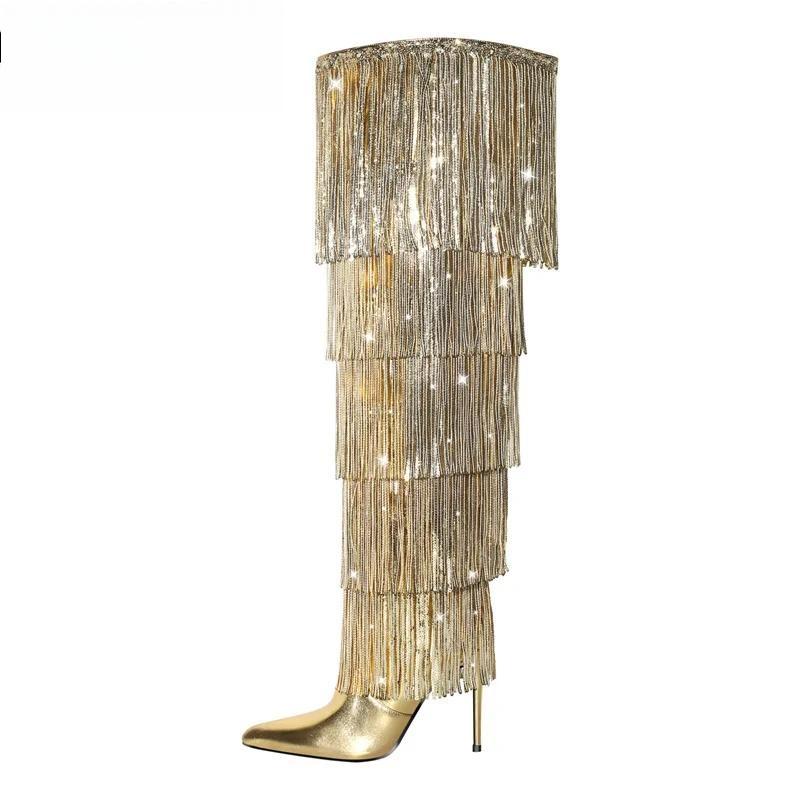 Pointed Toe  Gold Fringe Metallic Slim  Over The Knee Boots Stiletto Sexy Dance Thigh Boots