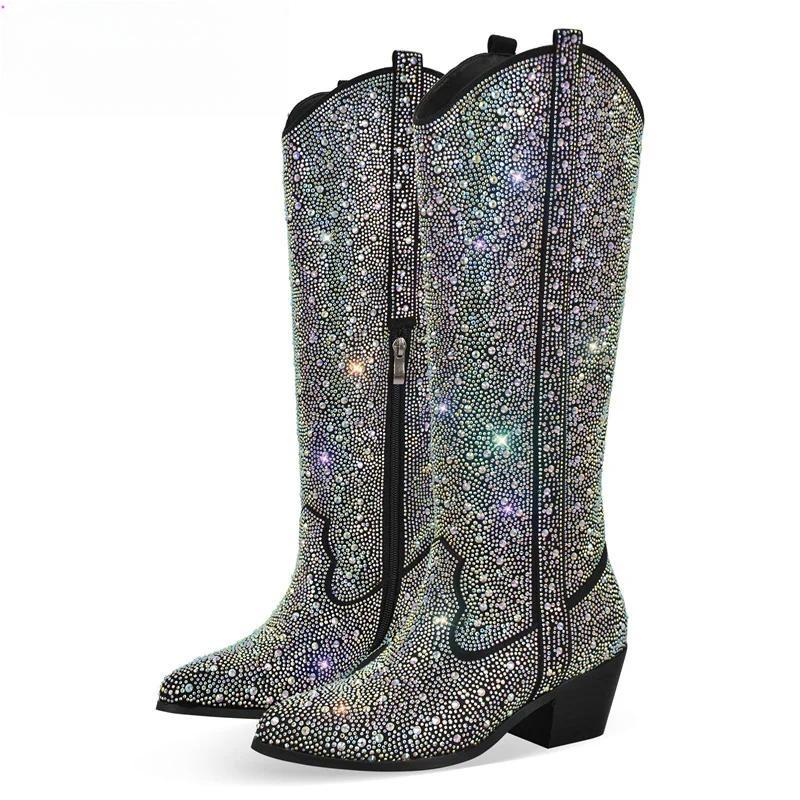 Rhinestone Black Knee High Boots Western Cowboy Booties