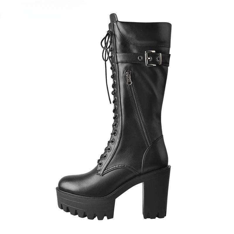 Platform Front Lace-Up Side Zip Knee High Boots  Big Size Winter Black Matte Lady  Boots