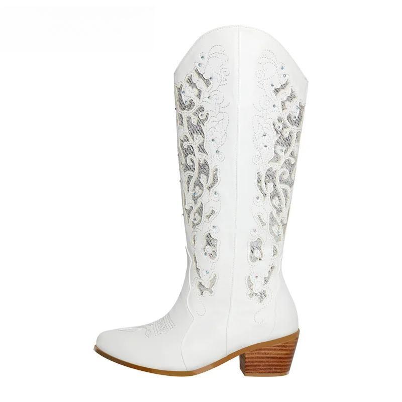 Western Cowgirl Boots Glitter Hollow Chunky Heels Mid-Calf White Western Boots