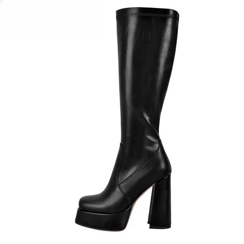 Women Square Toe Platform  Knee High Boots