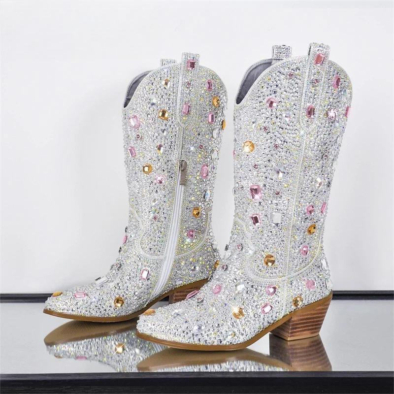 Sparkly Multi-colored Rhinestone Handmade Mid-calf Western Boots