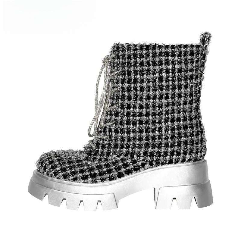 Sliver  Platform Ankle Boots Round Toe Handmade Female Lace UPBoots