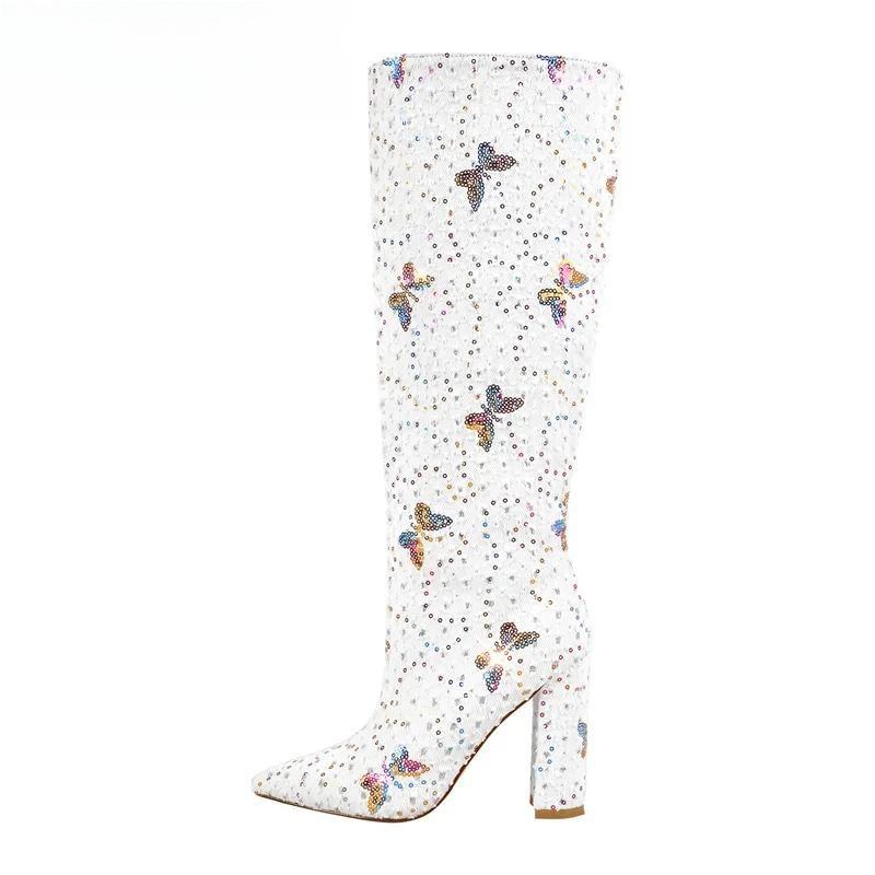 Pointed Toe  Knee High Boots  Block Heel Fashion White Boots