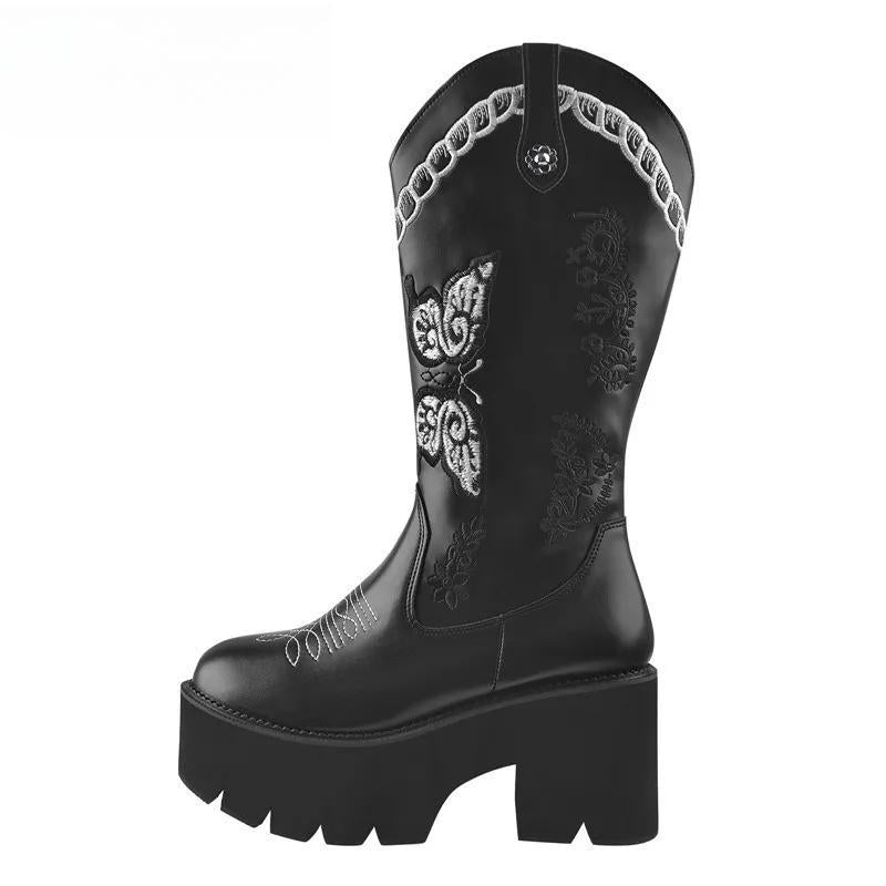 Black Platform Thick Heel Embroidery Western Mid-Calf Boots