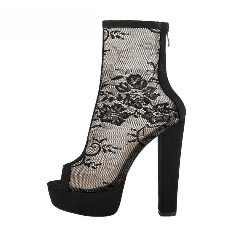 Women Peep Toe Platform Lace Mesh Ankle Booties  Chunky High Heel Zipper Sandals Boots