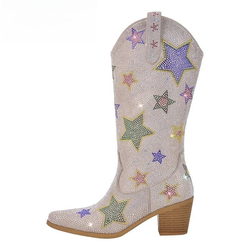 Rhinestone  Mid-Calf Boots Glitter Bling  Western Pointed Toe Block Heel Pull-On  Booties