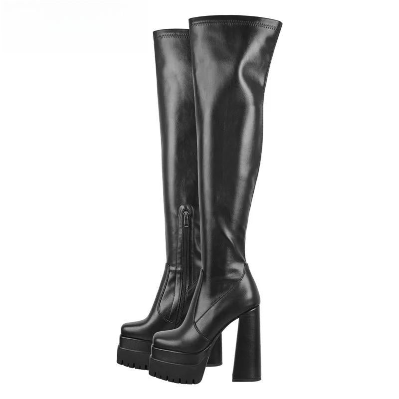 Over The Knee Boots Women Black Mate Thick Platform High Heels