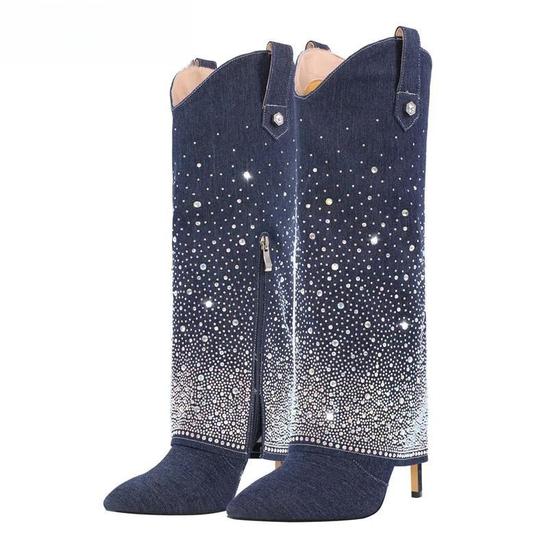 Denim Boots Knee Thin High Rhinestone Studded Pointed Toe Cowboy Pull-On Jean Boots