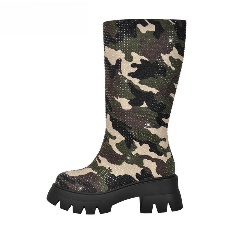 Platform Rhinestone Camouflage  Mid Calf Boots Black Chunky High Heels