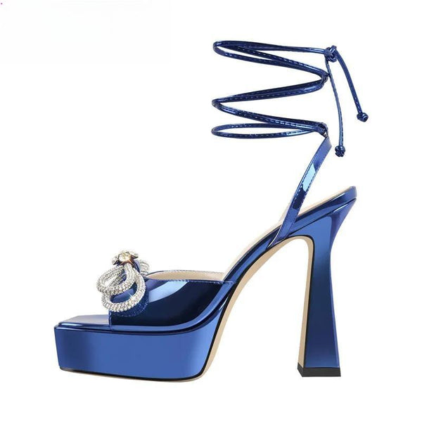 Women Square Toe Sandals Crystal Butterfly-knot Ankle Strap Buckle High Heels