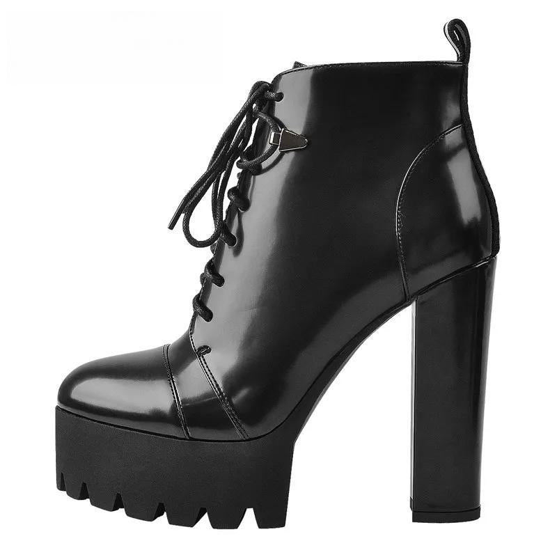 Platform Lace Up Round Toe Black  Patent Leather Chunky  High Heels Ankle Booties