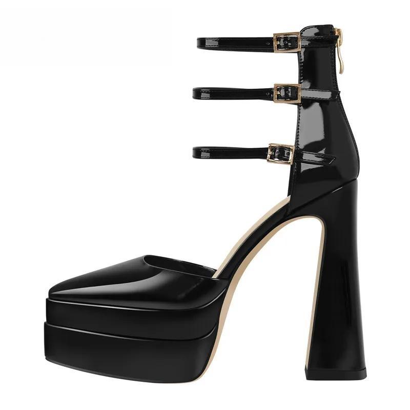 Women Platform Black Patent Leather Thin Heels