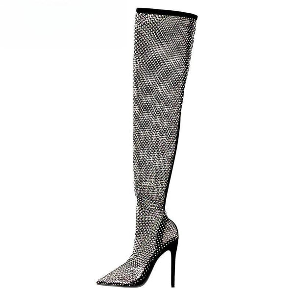 Women Rhinestone Pointed Toe Mesh Clear Fishnet Stocking  High Heels