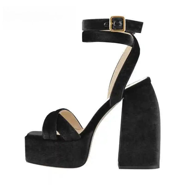 Women Black Flock Sandals Platform Peep Toe  Chunky High Heels