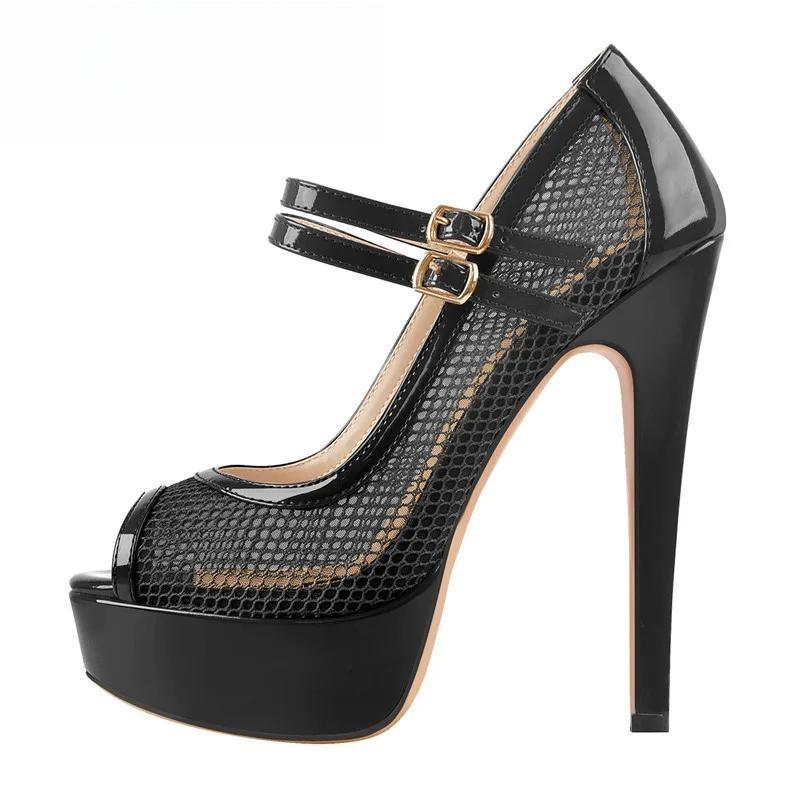 Women Peep Toe Platform Mesh Spike Pumps Shoes Sandals Thin High Heel