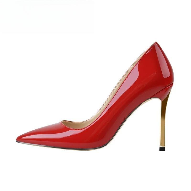 Women Shoes Pointed Toe Black Red Patent Leather Metal Heels