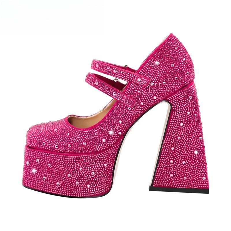 Women Platform Pumps Mary-Jane Rhinestone Chunky High Heels